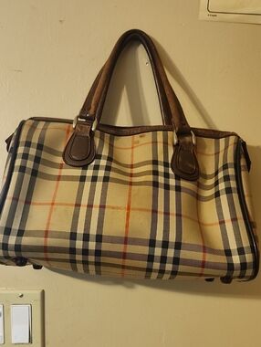 Beige Plaid Duffel Bag with Brown Trim